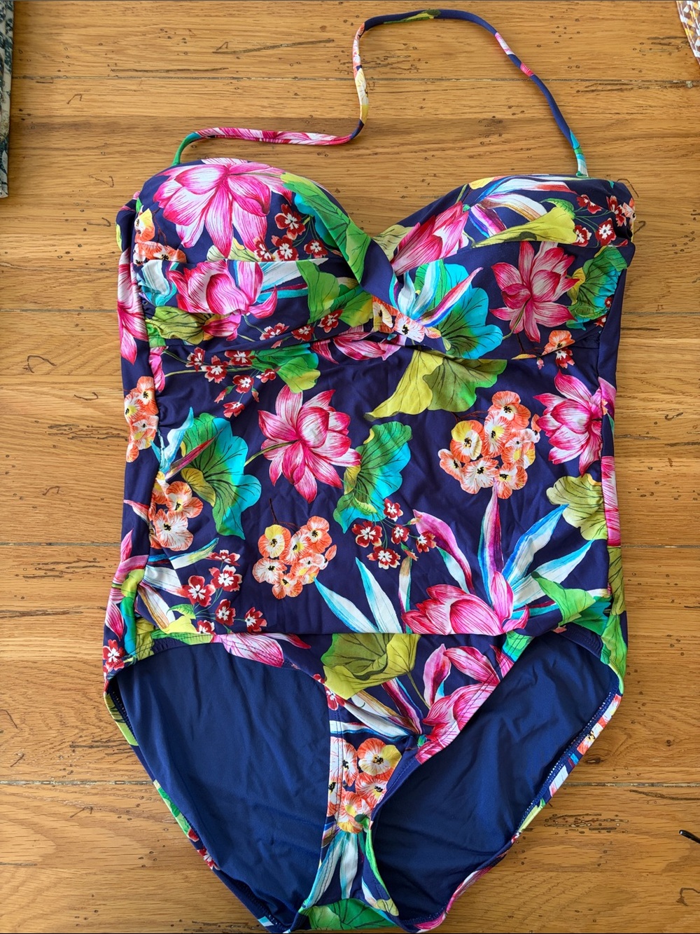 La Blanca Navy One-Piece Swimsuit with Bright Floral Print. Size 14